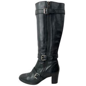 J. Crew Tall Leather Boots Strappy Moto 2.5" Heel in Black Women's Size 7.5